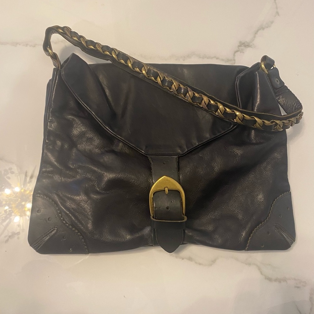 Vintage Barney’s Black Leather Shoulder Bag can use for small laptop.